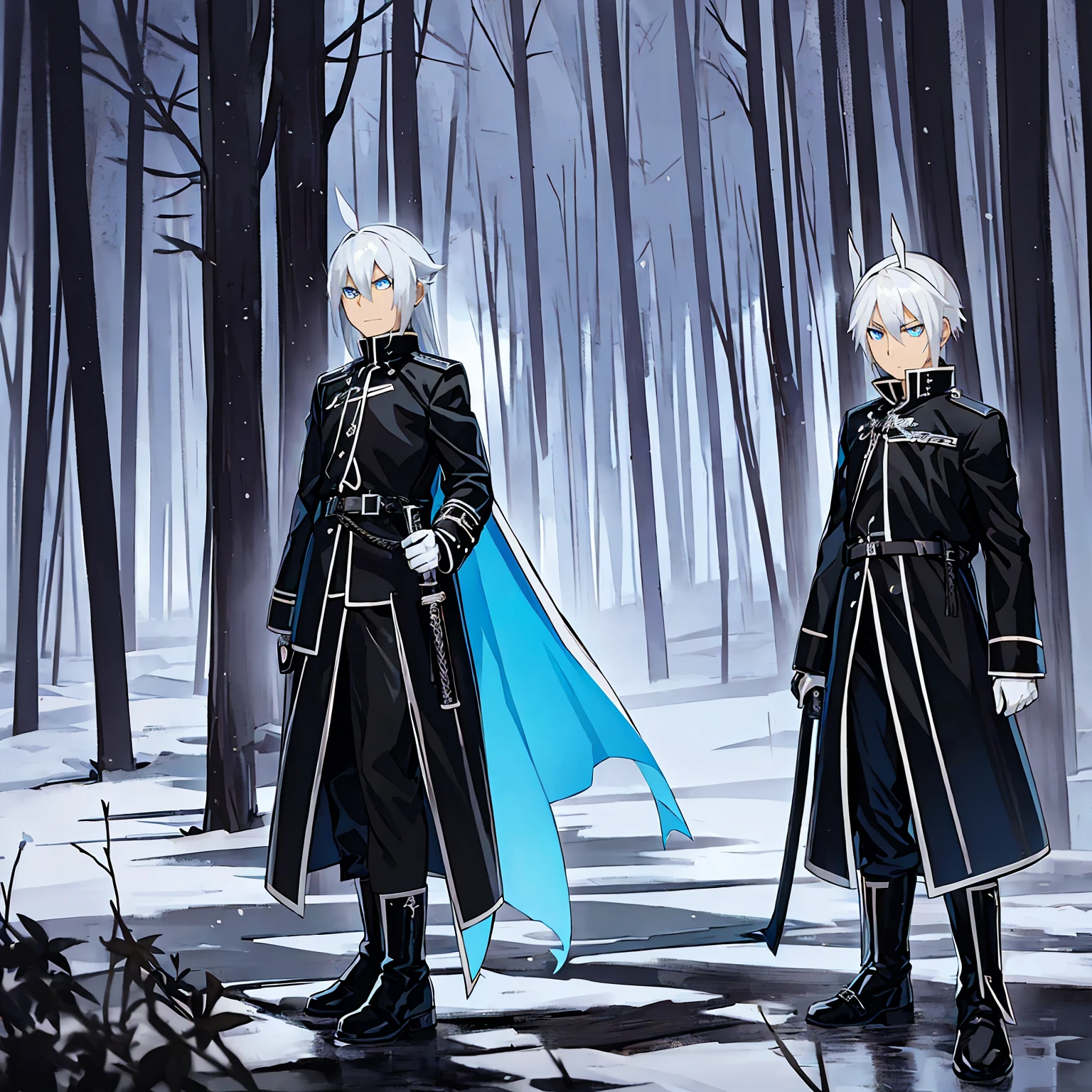 Blue eyes, White hair, Demon Hunter Uniform; similar to a Black Gakuran with a Blue Ribbon on his waist and multiple Magatama accessories along with white boots, Lightning Katana in his hand, Serene expression on his face in a rainy forest