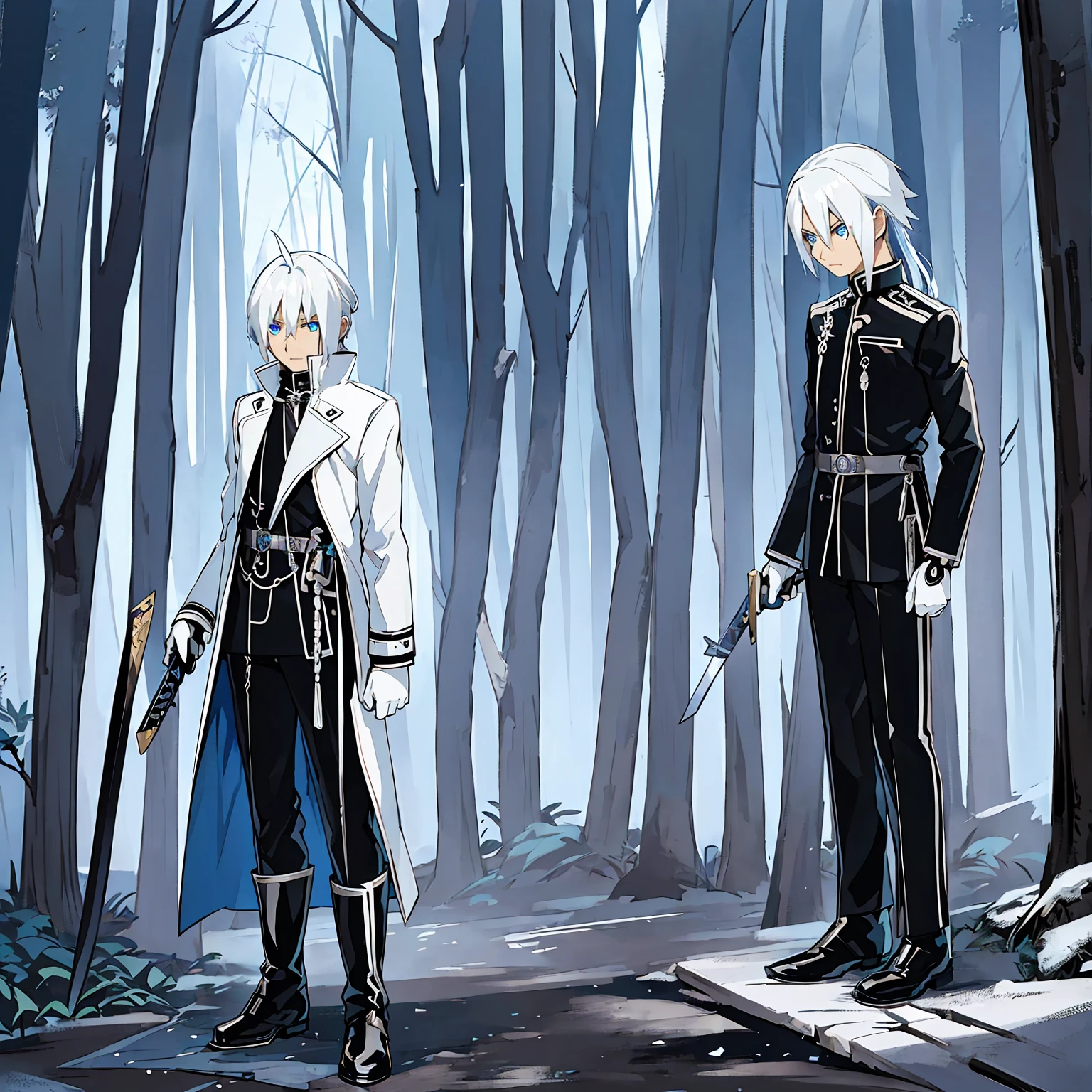 Blue eyes, White hair, Demon Hunter Uniform; similar to a Black Gakuran with a Blue Ribbon on his waist and multiple Magatama accessories along with white boots, Lightning Katana in his hand, Serene expression on his face in a rainy forest