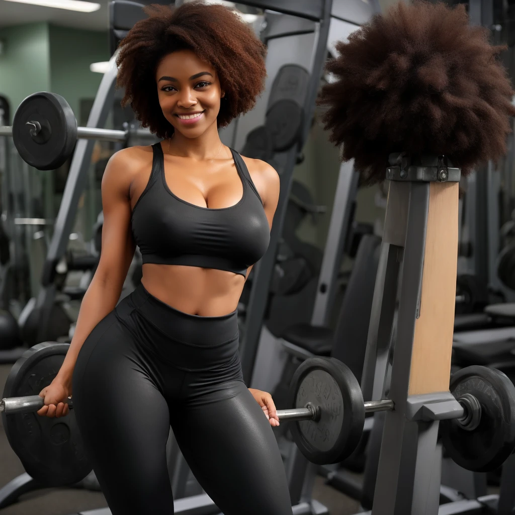 ONE GIRL. best quality, ultra-detailed, hyper realistic, 8k, full body shot, 23 years old, Nigerian beautiful girl, round shaped face, dark black skin, highly detailed skin with blemishes, ebony, dark natural afro hair, fit athletic figure, full body, big natural E cup breasts, wide hips, wearing a gym outfit, cleavage, provocative expression, smiling, sexy alluring pose, shinny wet skin, in a gym