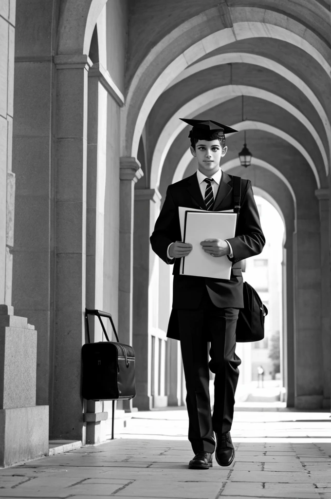 Give me an image that is a black and white drawing of a boy entering university