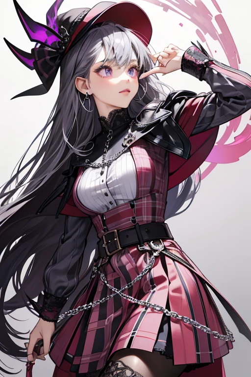 Shadow has a light skin tone and long indigo hair with pointed bangs, and burgundy strands by her face. Details on her face include periwinkle eyes, burgundy eyeshadow, and deep burgundy lipstick. She wears a red top with vertical white stripes and horizontal belt straps, which also has a sparkly black collar and black and metallic silver stripes cape sleeves with white lining. She also wears a burgundy and navy check patterned skirt with a black and white lace half-skirt to one side, which is connected to several chain drapes on the other. Her outfit also consists of purple and silver boots. She wears a black and silver military-style cap with a pink brim and a lace veil, and silver earrings. She carries a pink purse. Her sunglasses are silver and decorated with spikes and a chain. SPARKLE; GLITTER