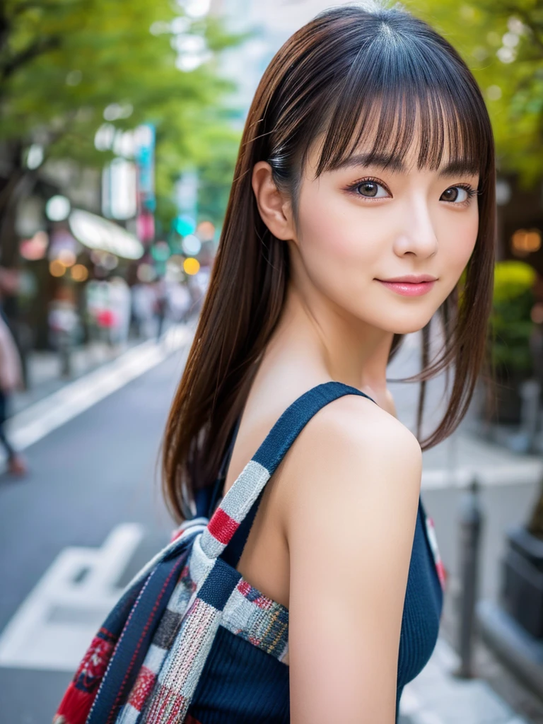 Create a hyper realistic and hyper detailed image of a sexy Japan woman with beauty face standing on Tokyo city road 