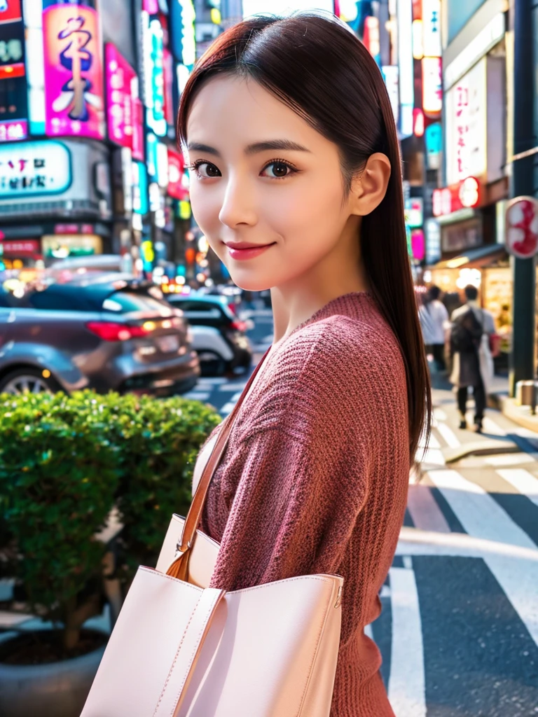 Create a hyper realistic and hyper detailed image of a sexy Japan woman with beauty face standing on Tokyo city road 