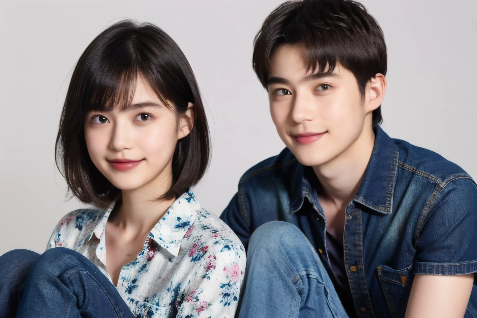 251 (An 18-year-old female and an 18-year-old male), (short hair),kind, lipstick, (jeans), (FloralＴshirt), smile