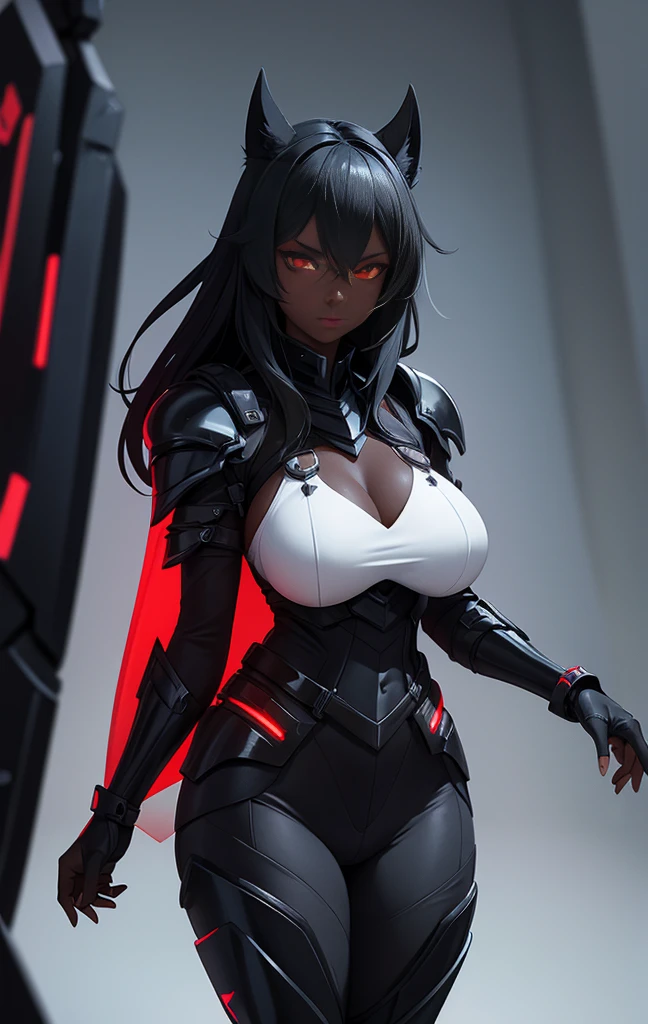 girl, With big breasts, with futuristic white armor, Red eyes, for white, dark ebony skin