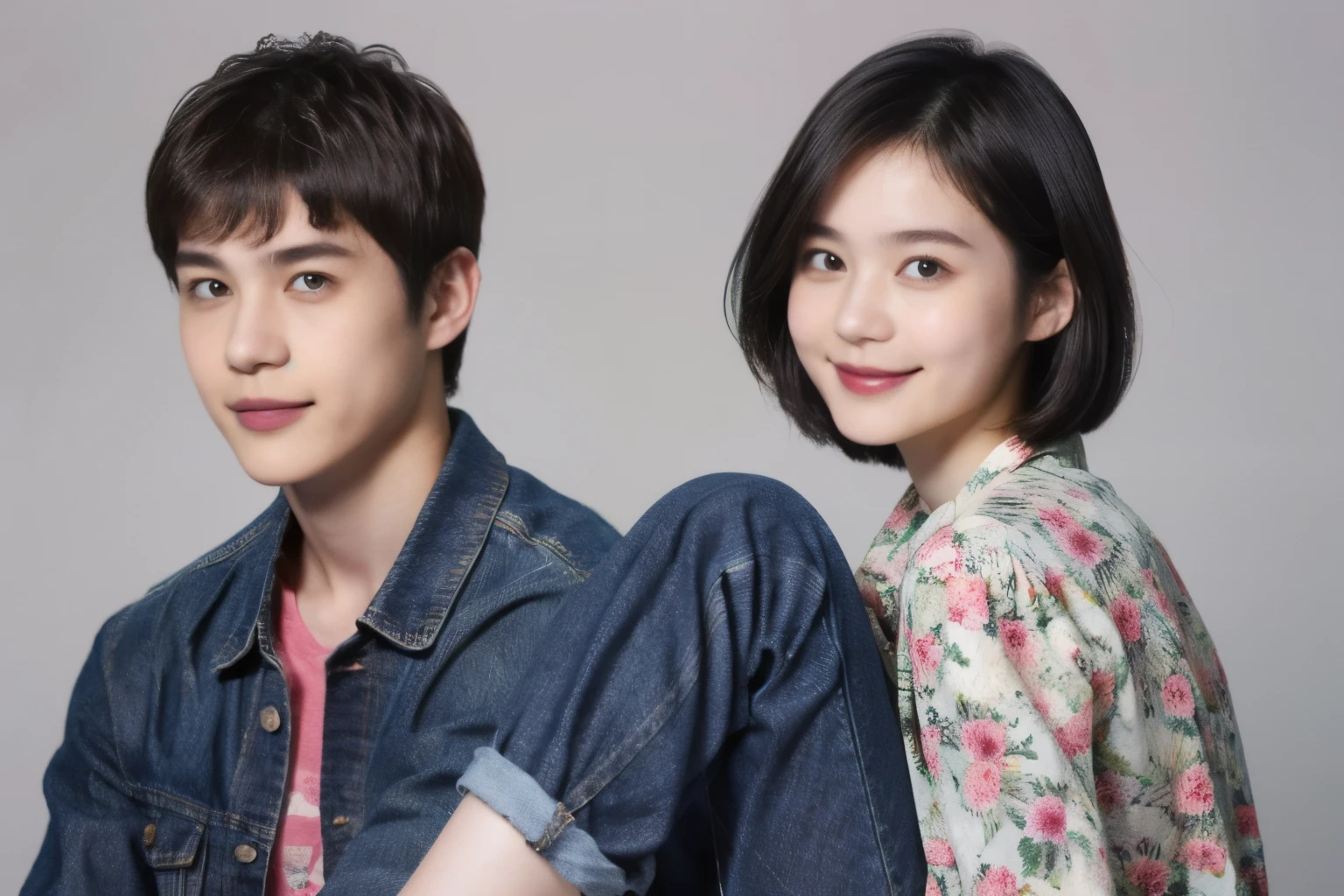 251 (An 18-year-old female and an 18-year-old male), (short hair),kind, lipstick, (jeans), (FloralTshirt), smile