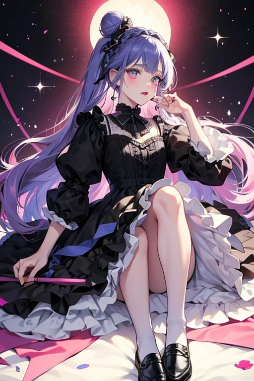 Midnight has fair skin with pink blushed cheeks and wine red lipstick. Her eyes are pale blue. She has indigo hair worn in buns held by a braid around the base. Her bangs are left loose, beneath a black headband adorned by five black roses. She wears a black and white frilly dress with tiny bows going down the middle and a trim of layered frills around the bottom. This is worn with frilly white socks and black shoes with a tiny bow on the toe. SPARKLE; GLITTER
Esperando começar