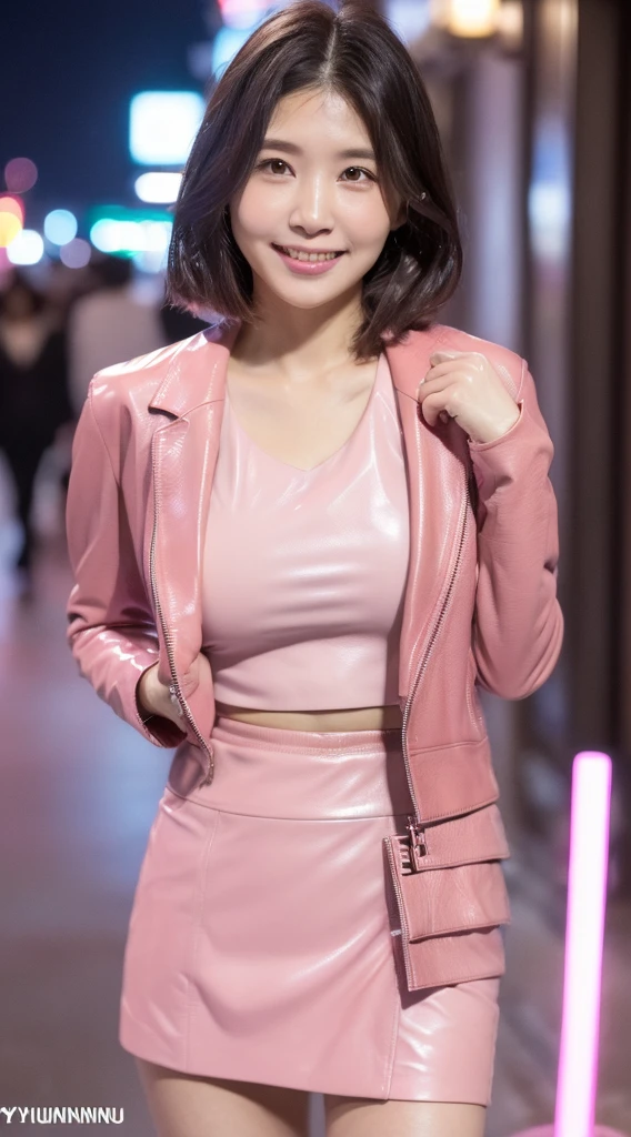 (((Yumikanok))),((Best quality, 8k, Masterpiece :1.3)), 1girl, smiling, full body, slim face, Pretty woman, (Dark brown, ((luxury pink leather suit)),((pink short tight skirt)), Ultra-detailed face, Detailed eyes, Double eyelid,  bokeh background, slim face, night city, neon light,outside, tokyo street,japan