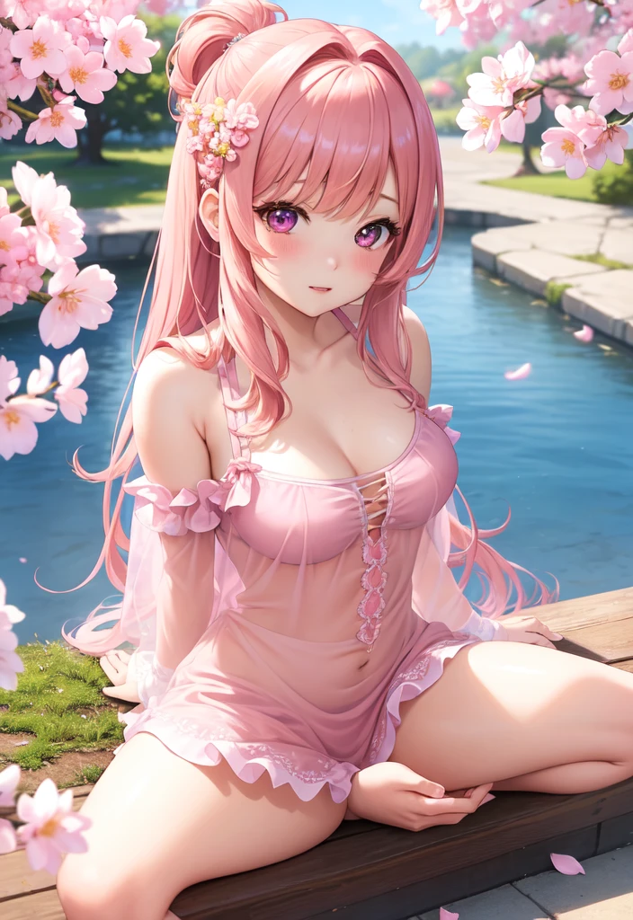 masterpiece, best quality, ultra detailed, 1 girl, solo, extremely detailed, amazing, fine detail, highly detailed woman, (extremely detailed eyes and face), solo_focus, ((pink chemise)), medium breast, multicolored hair, blush, shy, sitting, cherry blossom field, depth of field, from side, dreamy expression,