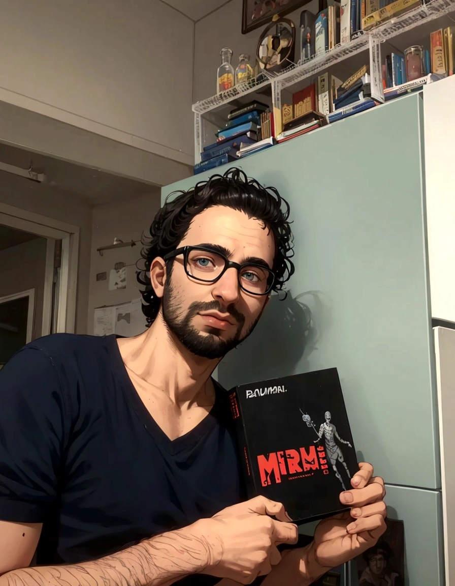 arafed man holding a book in front of a refrigerator, por Romain Brook, holding a pair of fans. irreal 5, he is holding a big book, por David Martin, por David Annand, by Benjamín Marra, by Dietmar Damerau, Holding the grimoire, simin stalenhag, by Luis Miranda, alejandro bavari