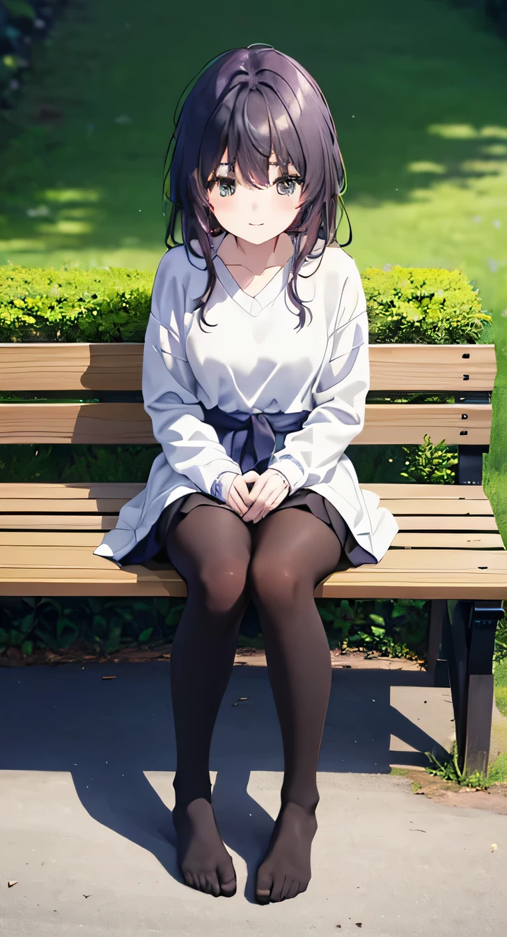 resolution, (Head to Toe full body), front, frontComposition from slightly below, Symmetric, Tall 18 year old girl, alone, (Head to Toe), (Small breasts), Black Hair, (black tights), (Black Pantyhose), (Sit with your legs apart), (Crouching pose), ( (Sit on a bench with your legs spread), (M-shaped feet), Thin legs, Very beautiful tall 18 year old girl, , smile、 Looking into the camera, (I'm not wearing shoes)business suit、Jacket、White shirt、Knee-length skirt、