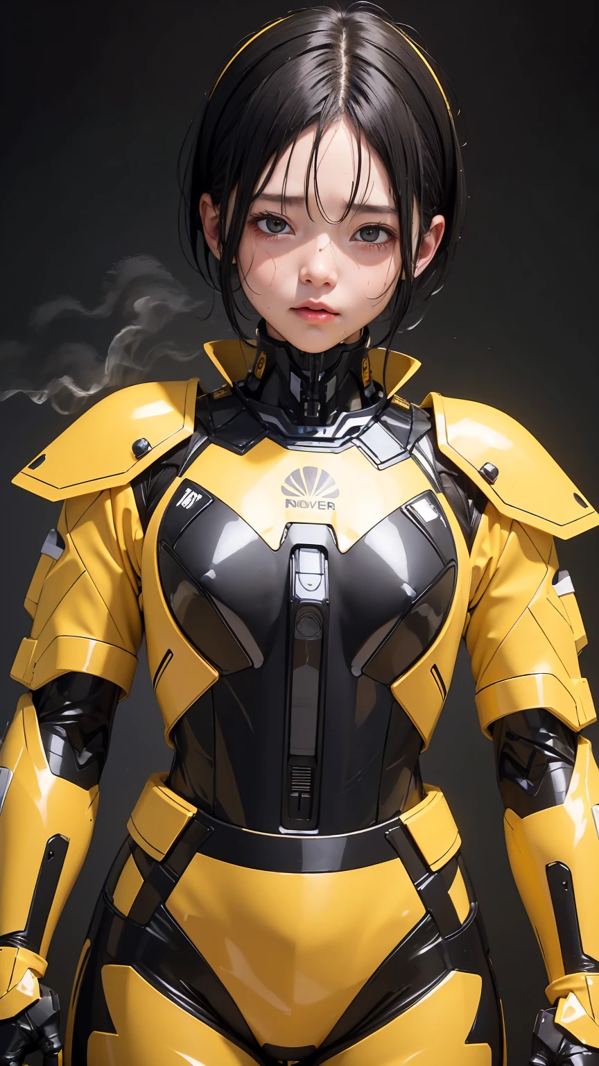 Highest quality　8k yellow metal armor　Robot Suit Girl　ergartl　Sweaty face　cute　short hair　boyish　Steam coming from the head　My hair is wet with sweat　Black Hair　Steam from the whole body　　Full body portrait　My upper body is soaked　After club activities　