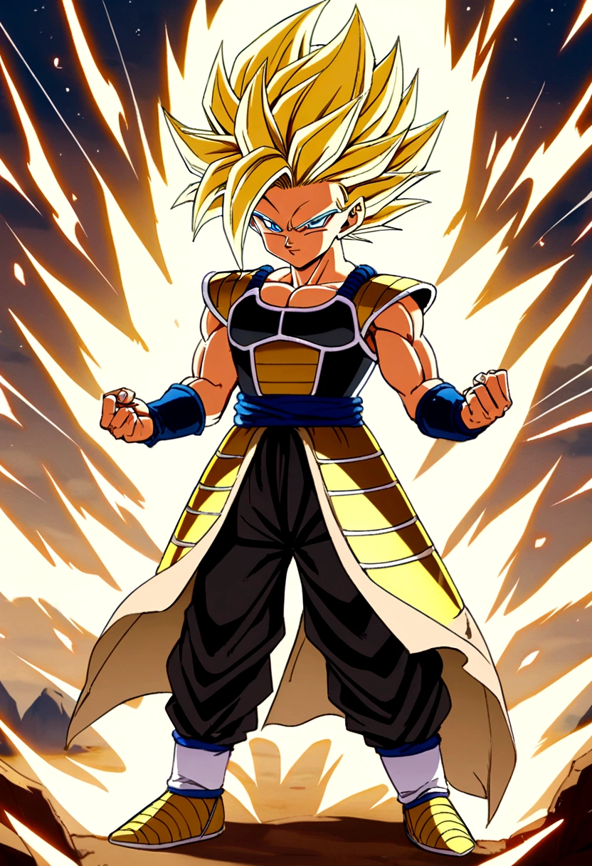 Super Saiyan, Male, yellow hair, blue eyes, saiyan armor, full body image