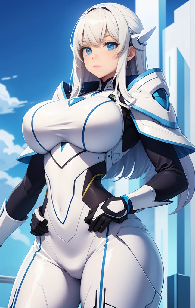 girl, With big breasts, with futuristic white armor, blue eyes, by white.
