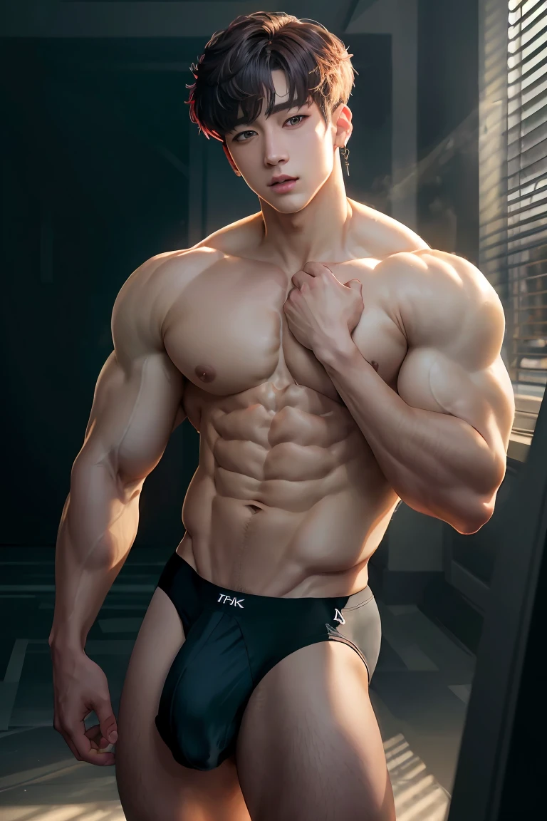 jungkook, 1 man, pele lisa, muscular chest, large bulge, natural pose, legs apart, detailed facial features, beautiful eyes, sharp jawline, chiseled abs, slim waist, realistic lighting, dramatic shadows, cinematic composition, moody colors, dramatic lighting, photorealistic, hyper detailed, 8k, best quality, professional photography