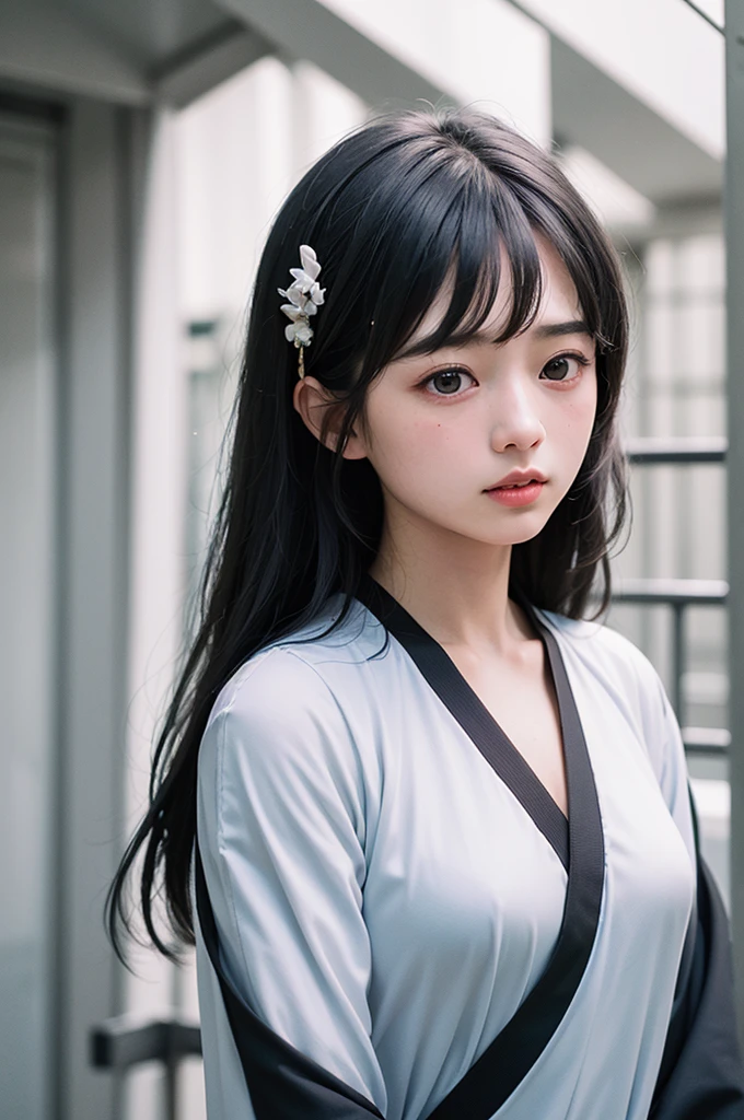 (1 nogizaka girl,ars old face,raw photo,photo realistic:1.5),(best quality, high quality,HDR, highest quality,ultra high resolution,high resolution,high res,ultra high difinition,huge file size,8K,2K wallpaper,8K wallpaper,high quality texture,amazing,an extremely delicate:1.4),one girl, Japanese famous idol,cute face,small face,absurd,ridiculous,incredibly ridiculous,blurry background,(hanfu,short hair,cleavage,no makeup:1.2),medium skin,beautiful skin,detailed skin,black hair,silky hair,black eyes,Japanese nose,5-fingers,(Light Particles, Lens Flare, Luminous Particles: 0.7),looking at viewer,bright lighting,professional lighting,girl