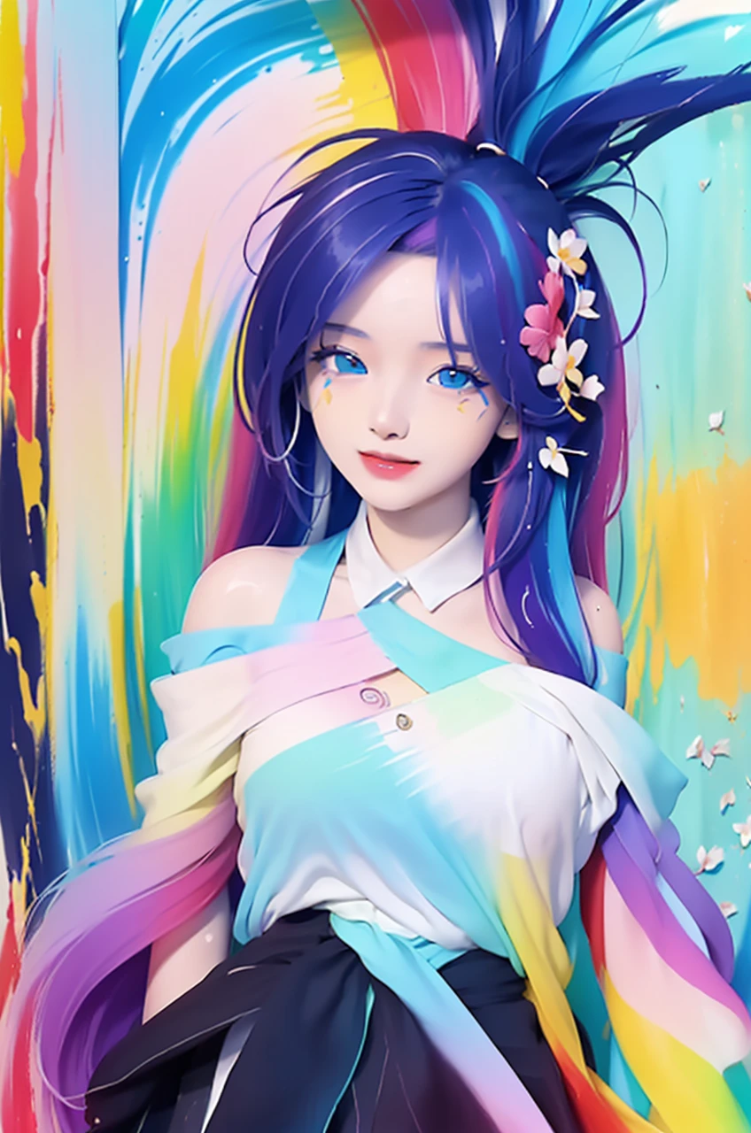 （Pink Fashion T-shirt：1.9），(Colorful hair: 1.8), (all the colours of the rainbow: 1.8),(((((vertical painting：1.6))), （painting：1.6），front, comics, illustrations, paintings, large eyes, crystal clear eyes,（ rainbow color gradient high ponytail：1.7）, exquisite makeup, closed mouth,(Small Fresh: 1.5),(Wipe Chest: 1.6) ，long eyelashes, white off shoulder T-shirt, White Shoulder Shirt，looking at the audience, large watery eyes, (rainbow colored hair：1.6), color splash, （solo：1.8）, color splash, color explosion, thick paint style, messy lines, ((shining))，(colorful), (colorful), (colorful), colorful, Thick Paint Style, (Splash) (Color Splash), Vertical Painting, Upper Body, Paint Splash, Acrylic Pigment, Gradient, Paint, Highest Image Quality, Highest Quality, Masterpiece, Solo, Depth of Field, Face Paint, colorful clothes, (Elegant: 1.2), gorgeous,long hair, wind, (Elegant: 1.3), (Petals: 1.4)，(((masterpiece))),(((best quality))),((ultra-detailed)),(illustration),(dynamic angle),((floating)),(paint),((disheveled hair)),(solo),(1girl) , (((detailed anima face))),((beautiful detailed face)),collar,bare shoulders,white hair, ((colorful hair)),((streaked hair)),beautiful detailed eyes,(Gradient blue color eyes),(((colorful light blue eyes))),(((colorful background))),(((high saturation))),(((surrounded by colorful splashes))),