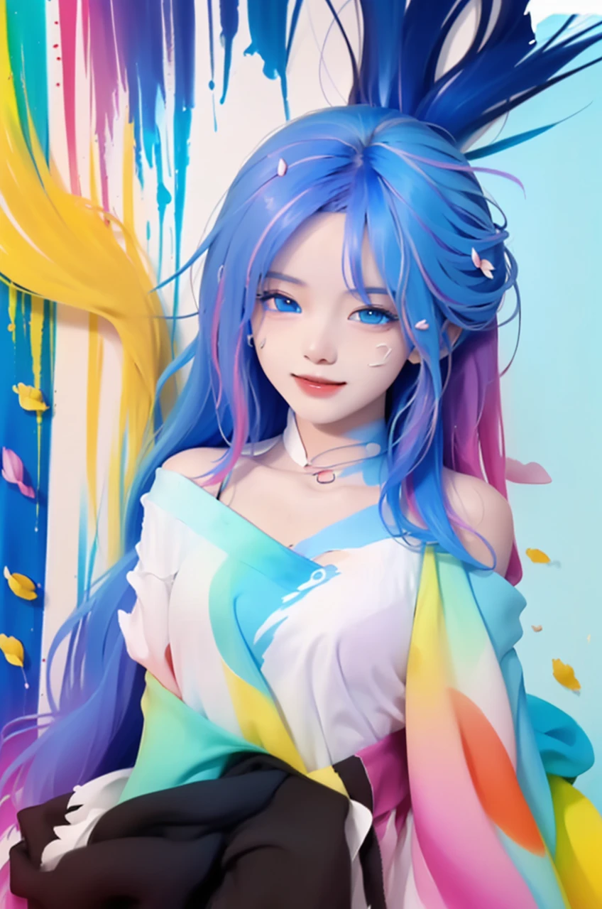 (Pink Fashion T-shirt:1.9),(Colorful hair: 1.8), (all the colours of the rainbow: 1.8),(((((vertical painting:1.6))), (painting:1.6),front, comics, illustrations, paintings, large eyes, crystal clear eyes,( rainbow color gradient high ponytail:1.7), exquisite makeup, closed mouth,(Small Fresh: 1.5),(Wipe Chest: 1.6) ,long eyelashes, white off shoulder T-shirt, White Shoulder Shirt,looking at the audience, large watery eyes, (rainbow colored hair:1.6), color splash, (solo:1.8), color splash, color explosion, thick paint style, messy lines, ((shining)),(colorful), (colorful), (colorful), colorful, Thick Paint Style, (Splash) (Color Splash), Vertical Painting, Upper Body, Paint Splash, Acrylic Pigment, Gradient, Paint, Highest Image Quality, Highest Quality, Masterpiece, Solo, Depth of Field, Face Paint, colorful clothes, (Elegant: 1.2), gorgeous,long hair, wind, (Elegant: 1.3), (Petals: 1.4),(((masterpiece))),(((best quality))),((ultra-detailed)),(illustration),(dynamic angle),((floating)),(paint),((disheveled hair)),(solo),(1girl) , (((detailed anima face))),((beautiful detailed face)),collar,bare shoulders,white hair, ((colorful hair)),((streaked hair)),beautiful detailed eyes,(Gradient blue color eyes),(((colorful light blue eyes))),(((colorful background))),(((high saturation))),(((surrounded by colorful splashes))),