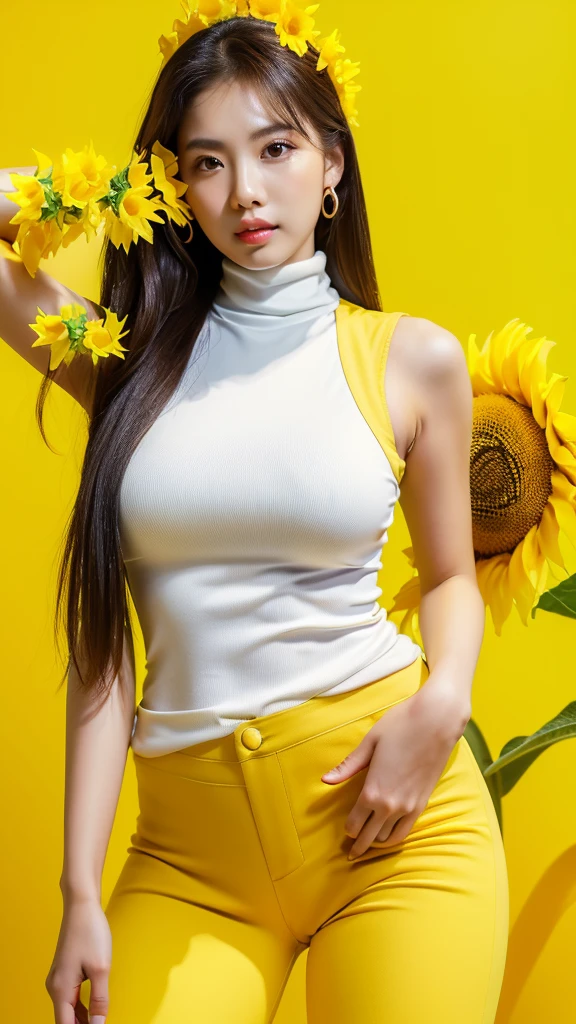 ((sunflower)),yellow background,(detailed face),((crotch)),normal breasts,pretty,sleeveless and turtle neck white clothes,4k ,super high resolution ,(photo-realistic: 1.7),black long hair,