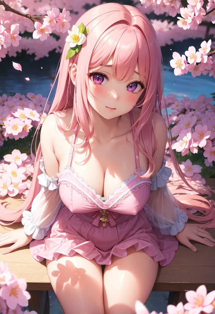 masterpiece, best quality, ultra detailed, 1 girl, solo, extremely detailed, amazing, fine detail, highly detailed woman, (extremely detailed eyes and face), solo_focus, ((pink chemise)), medium breast, multicolored hair, blush, shy, sitting, cherry blossom field, depth of field, from side, dreamy expression,