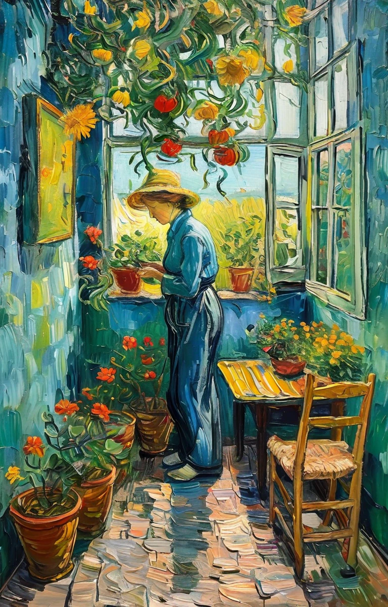 An elderly woman in a vibrant garden, tending to her plants, with a look of contentment and peace, depicted with the lush colors and textures, in van gogh style.