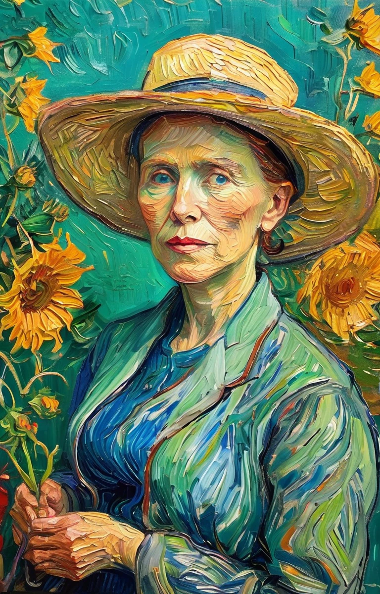 An elderly woman in a vibrant garden, tending to her plants, with a look of contentment and peace, depicted with the lush colors and textures, in van gogh style.