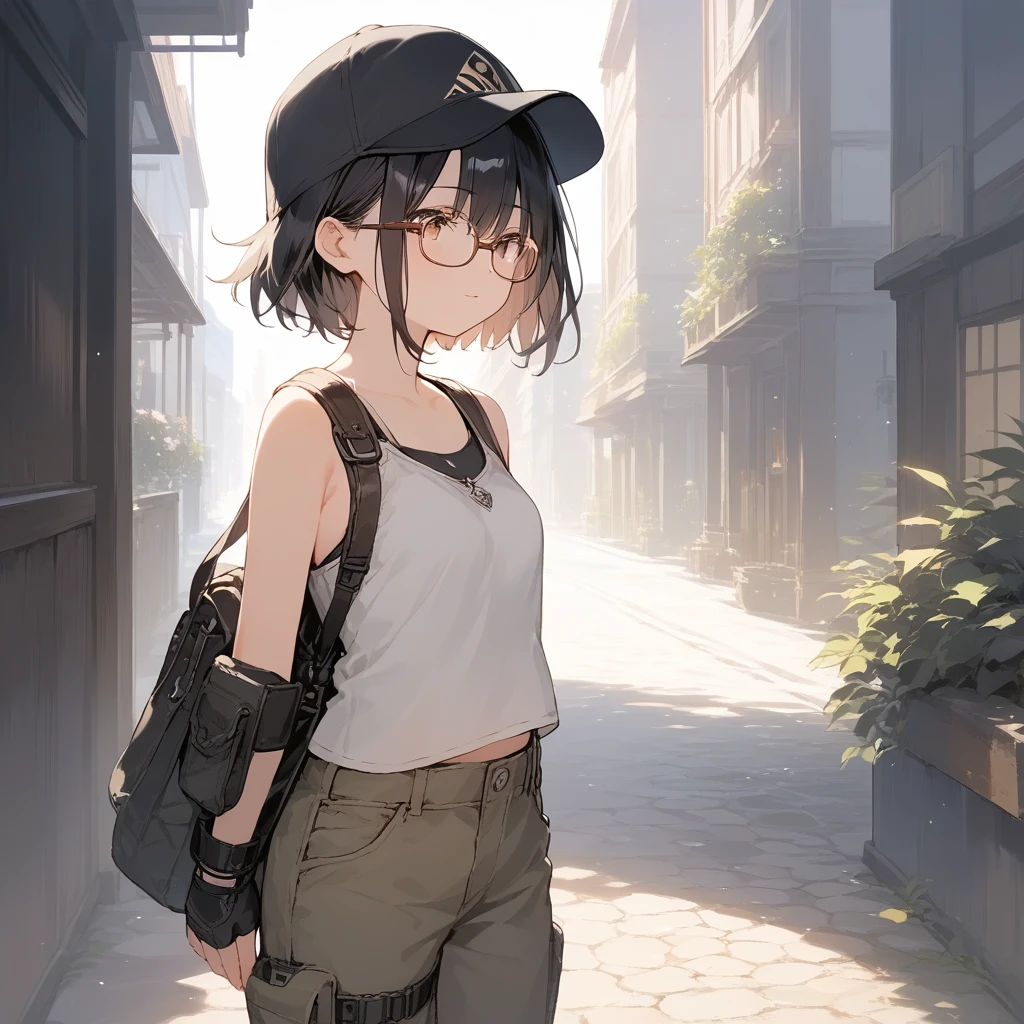 score_9, score_8_up, score_7_up, source_anime, best quality, masterpiece, official art, absurdres, highres, ultra-detailed,waifu2x,Collection: Slice of Life,break,1girl, fantasy world, short hair, glasses, small breasts, cap, tank top, cargo pants, outdoors, wind, break,(clear line illustration:1.2),very high resolution, very aesthetic, super detailed skin, Best sexual lighting powered by famous artist, 8k,cute picture,beauty illustration,photoshop_(medium),,(Detailed Lighting),best anime 8k konachan wallpaper, pixiv contest winner, 