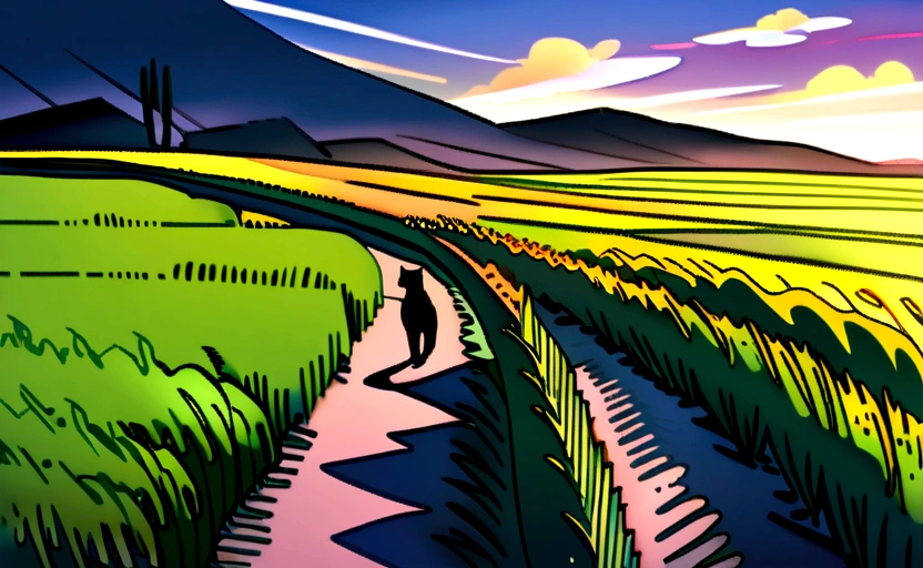 A black cat is walking through the rice fields