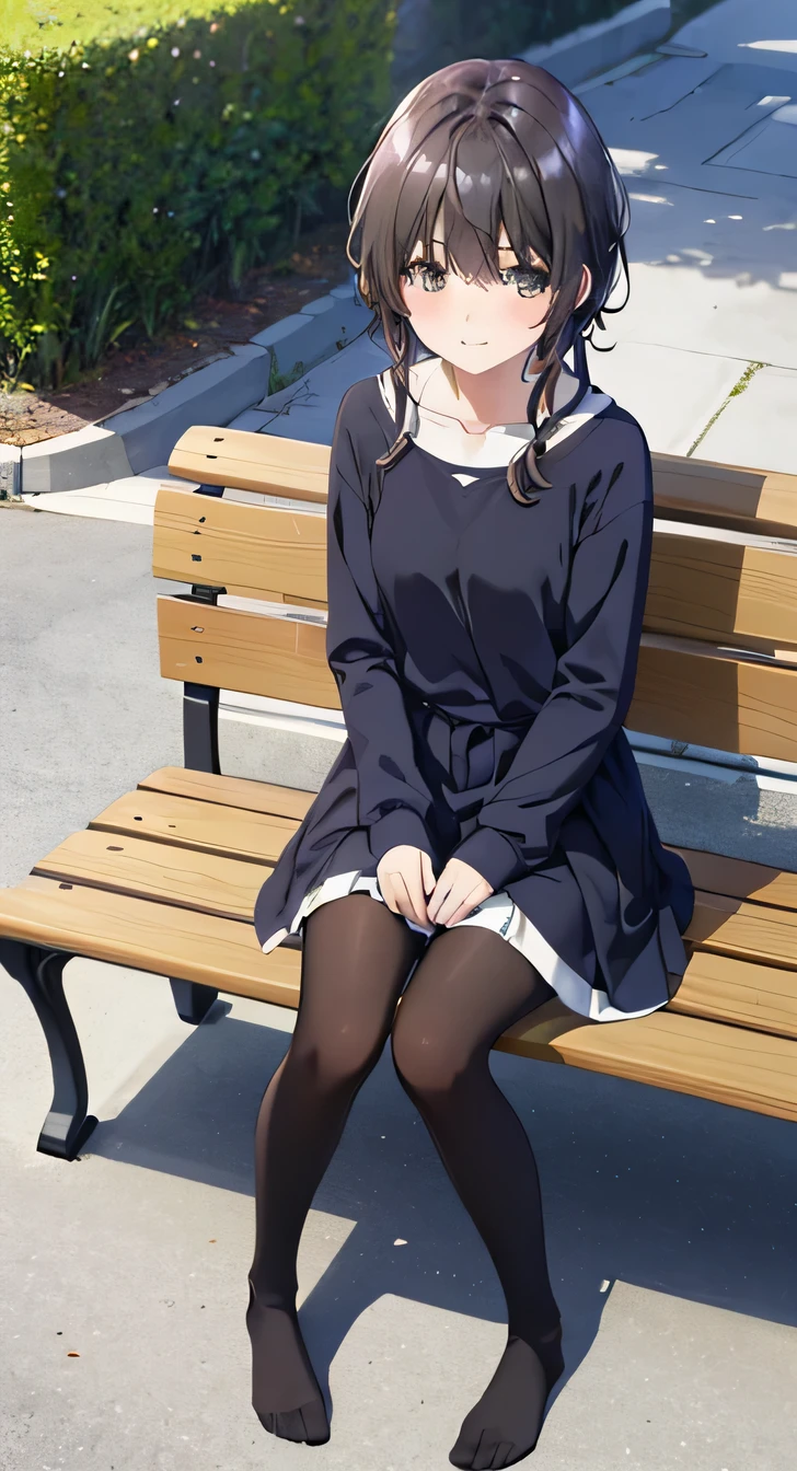 resolution, (Head to Toe full body), front, frontComposition from slightly below, Symmetric, Tall 18 year old girl, alone, (Head to Toe), (Small breasts), Black Hair, (black tights), (Black Pantyhose), (Sit with your legs apart), (Crouching pose), ( (Sit on a bench with your legs spread), (M-shaped feet), Thin legs, Very beautiful tall 18 year old girl, , smile、 Looking into the camera, (I'm not wearing shoes)business suit、Jacket、White shirt、Pants Style、