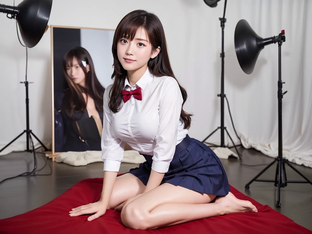 A live-action photo of an extremely beautiful Japanese high school girl race queen who highlights her large breasts and beautiful legs.、In a photo studio, she wears a cosplay  uniform and takes promotional photos for compensated dating、She is an eternal idol who combines a clean look with modern charm.。 She creates such beauty。 She feels her own warmth。 She creates a warm atmosphere。 We create beauty。 That&#39;s what I want to say。 In her full body photo、The figure features porcelain-like skin and golden hair that radiates a soft glow.。 This is probably、It captured the essence of her timeless charm.、This is the best shot ever.。 Each straight line and curve is carefully expressed.、Breathtakingly beautiful with impeccable detail。 This piece perfectly captures her timeless beauty.。 Divine Proportions、Sharp focus、Full-body photo taken by Kishin Shinoyama、high quality、High resolution、Detailed Background
