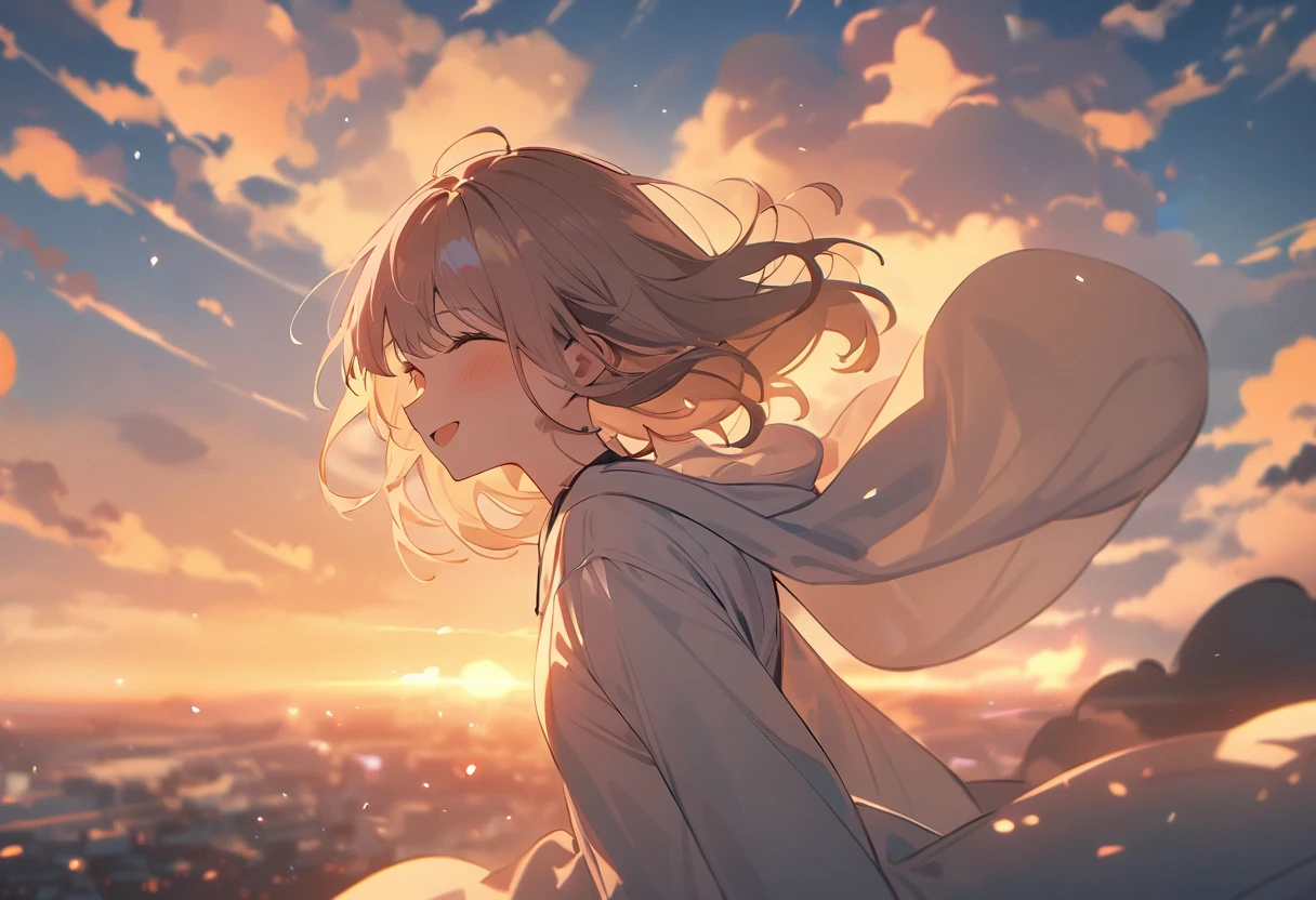 masterpiece, Highest quality, Movie stills, 1 Girl, Cloud Girl, Floating in the sky, close, bright, Happy, Warm and soft lighting, sunset, (spark:0.7)