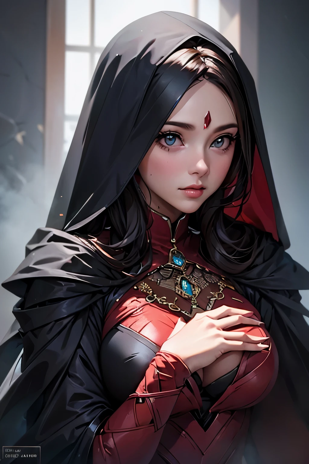 a chubby elegant woman in a red veil covering her eyes, fingers on her lips, long red nails, black background, photo-realistic, high quality, intricate details, oil painting, dramatic lighting, muted colors, mysterious atmosphere