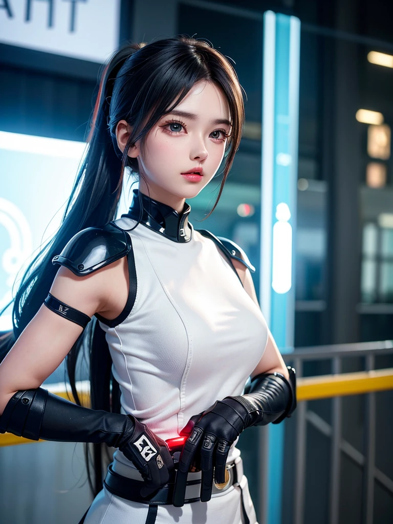Highest quality、8K Masterpiece、Ultra-high resolution、(Photorealistic:1.3)、RAW Photos、One Girl，Very cute girl at 15 years old，Big eyes，The face is facing straight ahead，Body facing forward，Beautiful nose，Fuller lips，Short black hair，ponytail，Detailed eyelashes，Thin eyebrows，Symmetrical eyes，Future City、Soldier、war、Cyber City、Body Armor、Futuristic Machine Gun、bike、night、Broken Neon、Police Officer、Ready your gun?