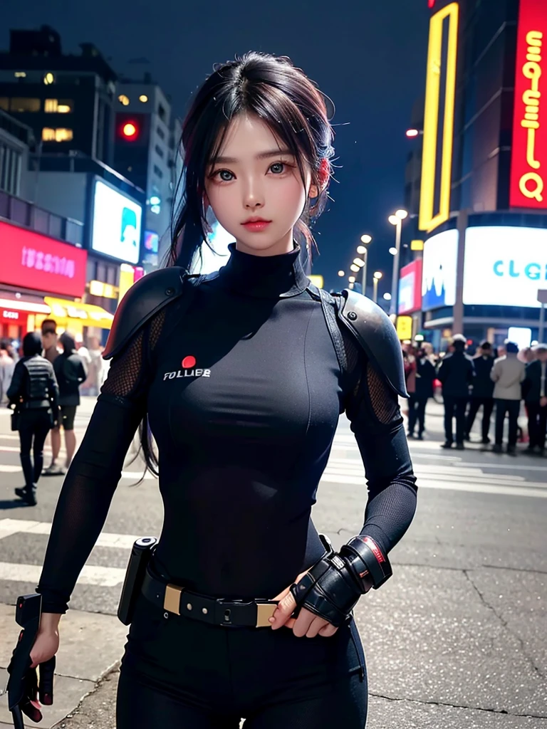 Highest quality、8K Masterpiece、Ultra-high resolution、(Photorealistic:1.3)、RAW Photos、One Girl，Very cute girl at 15 years old，Big eyes，The face is facing straight ahead，Body facing forward，Beautiful nose，Fuller lips，Short black hair，ponytail，Detailed eyelashes，Thin eyebrows，Symmetrical eyes，Future City、Soldier、war、Cyber City、Body Armor、Futuristic Machine Gun、bike、night、Broken Neon、Police Officer、Ready your gun?