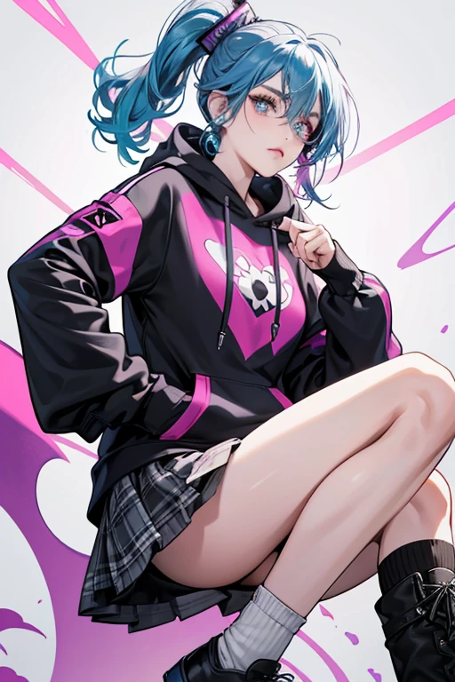 Midnight  has scruffy and layered queen blue hair as well as queen blue eyebrows, cerulean frost eyes, and a hint of peach color on her lips. Her right eye is covered by a crack heart-shaped eyepatch.

sHe wears a white shirt with a magenta and grey tartan pattern and a black hoodie with a magenta right sleeve, white toggle strings, 

sHe also wears shorts, with the right part matching the color of most of her hoodie and left part matching the colors and pattern of her shirt, mismatched socks (black and grey right sock, black and magenta left sock) and black low-cut boots with white fronts and soles. SPARKLE; GLITTER
