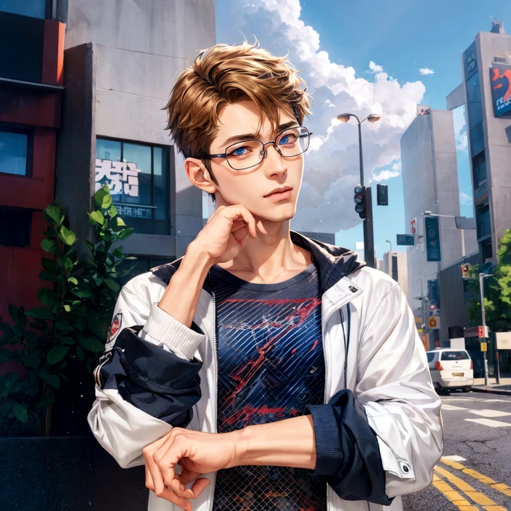 Around fifty、Anime character wearing glasses and a jacket in the city, Realistic Anime 3D Style, Young Anime Guy, Anime Style3D, Live2D Virtual Youtuber Model, Anime Styleに, Anime Styleキャラクター, Created by Anime Painter Studio, Anime Styleのポートレート, Tall anime guy with blue eyes, Anime Style, Anime portrait of a handsome man