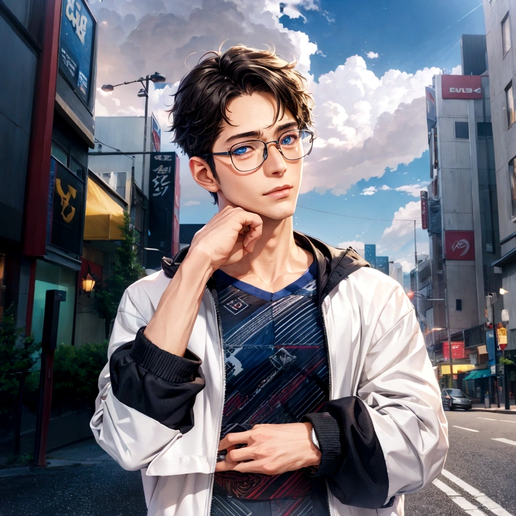 Around fifty、Anime character wearing glasses and a jacket in the city, Realistic Anime 3D Style, Young Anime Guy, Anime Style3D, Live2D Virtual Youtuber Model, Anime Styleに, Anime Styleキャラクター, Created by Anime Painter Studio, Anime Styleのポートレート, Tall anime guy with blue eyes, Anime Style, Anime portrait of a handsome man