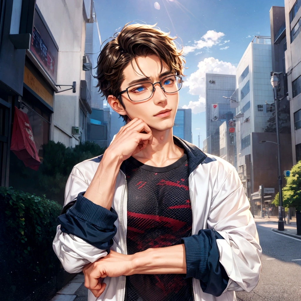 Around fifty、Anime character wearing glasses and a jacket in the city, Realistic Anime 3D Style, Young Anime Guy, Anime Style3D, Live2D Virtual Youtuber Model, Anime Styleに, Anime Styleキャラクター, Created by Anime Painter Studio, Anime Styleのポートレート, Tall anime guy with blue eyes, Anime Style, Anime portrait of a handsome man