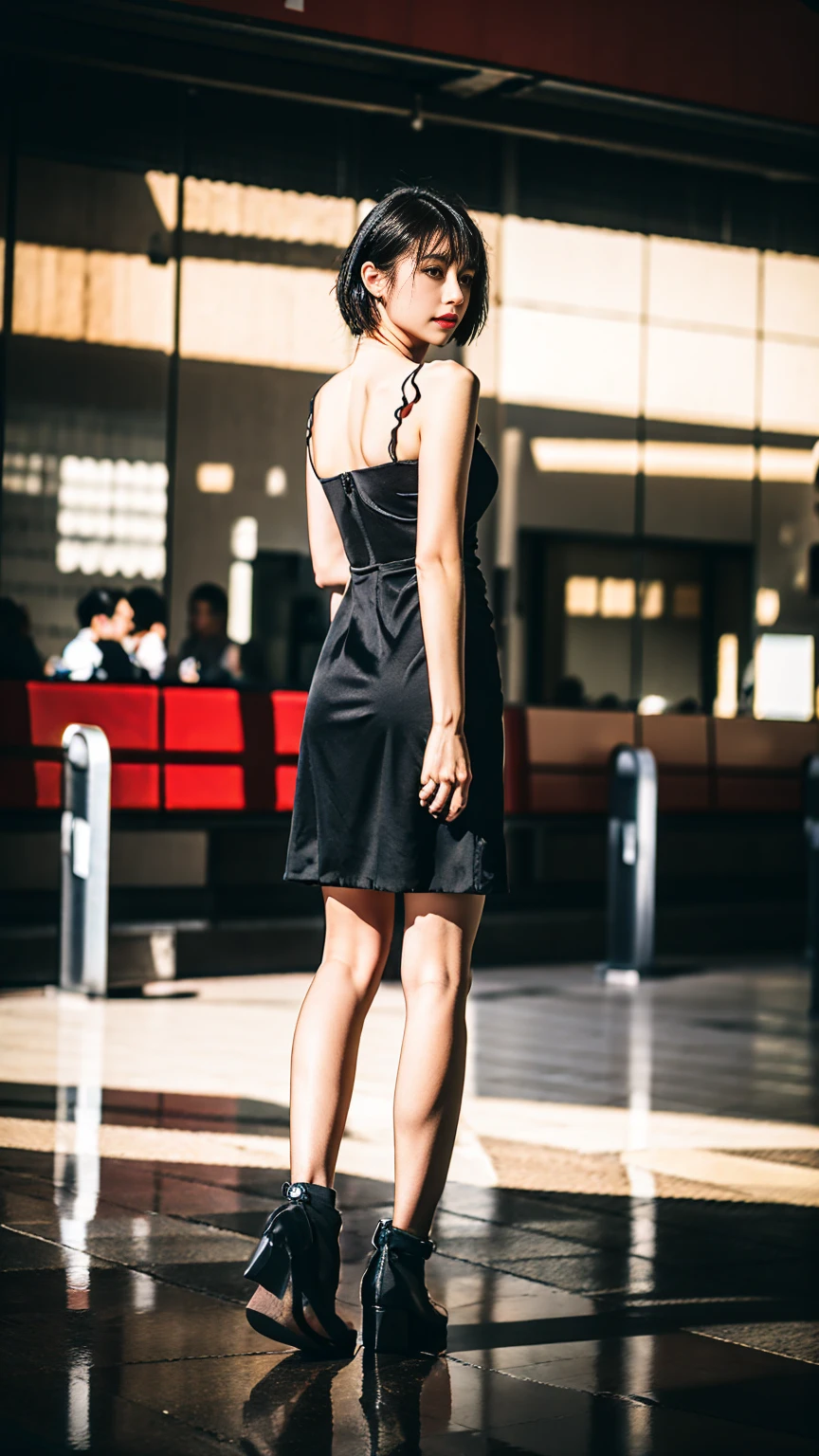 A beautiful European lady, arched back,Mini bandeau dress for summer, bokeh, Japanese subway station, glass of wine on floor, realistic, professional photoshoot 
