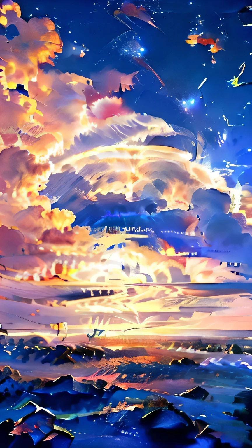 Perched on top of a thin cloud, A young woman gazes in awe at the breathtaking expanse of the sky. The night sky comes alive with a sea of stars, Sparkling like diamonds on a velvet canvas. Cosmic phenomena swirl and dance, Painting vibrant bands of color across the vast universe. With hair blowing in the wind, The silhouette is a testament to the beauty of space. Calm and mysterious, She will be part of this cosmic symphony., His presence illuminates the infinite possibilities beyond the clouds..