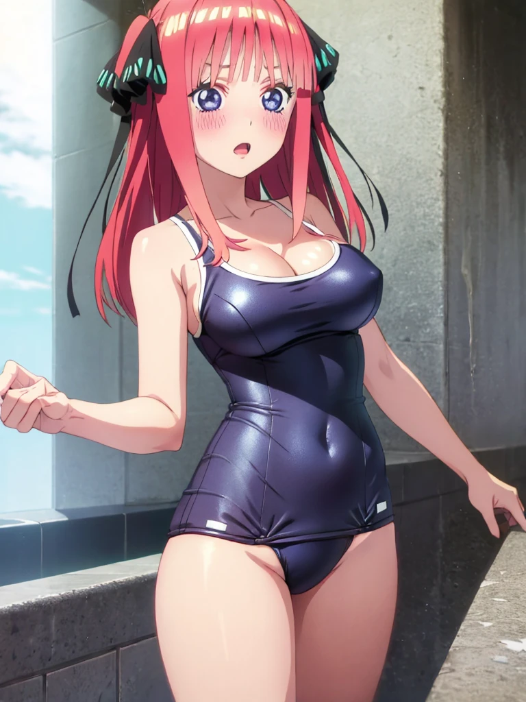 best quality, insanely detailed, nino nakano, breasts, one-piece swimsuit, blush,