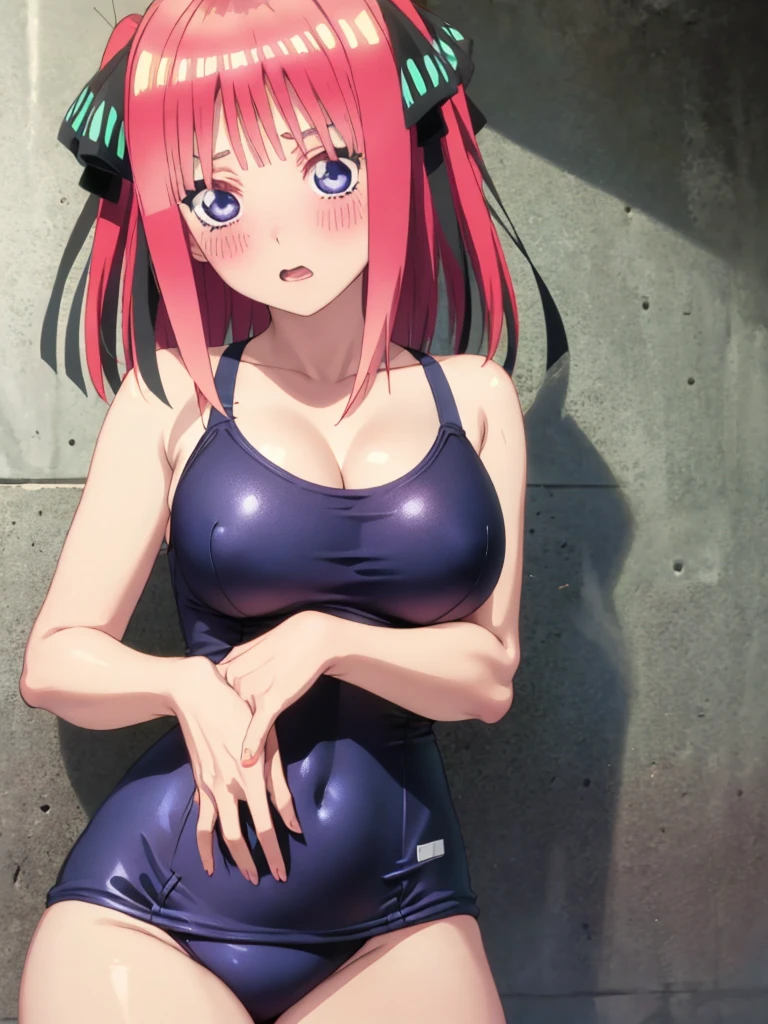 best quality, insanely detailed, nino nakano, breasts, one-piece swimsuit, blush,