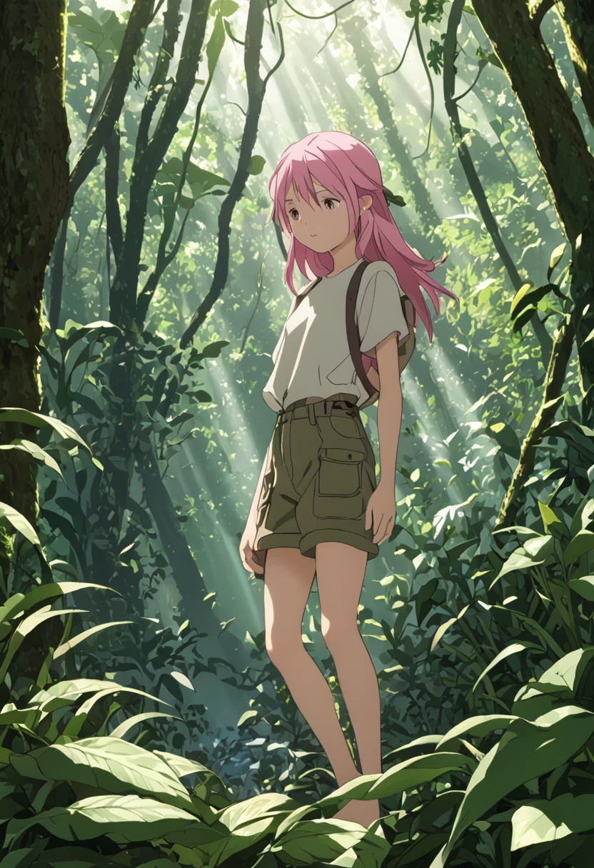 "It depicts a girl living in the natural environment of the jungle.. She wears simple clothes, Practical clothing for life in the forest. Her hair is disheveled、Loose, Demonstrating a connection to nature. The girl has a look of determination and confidence., Reflects adaptation to the wild environment. The lush vegetation of the surrounding area accentuates its peaceful and harmonious presence in the jungle.。. The light coming through the treetops creates a play of shadow and light., Add depth and mystery to the scene."Pink hair、Full body angle