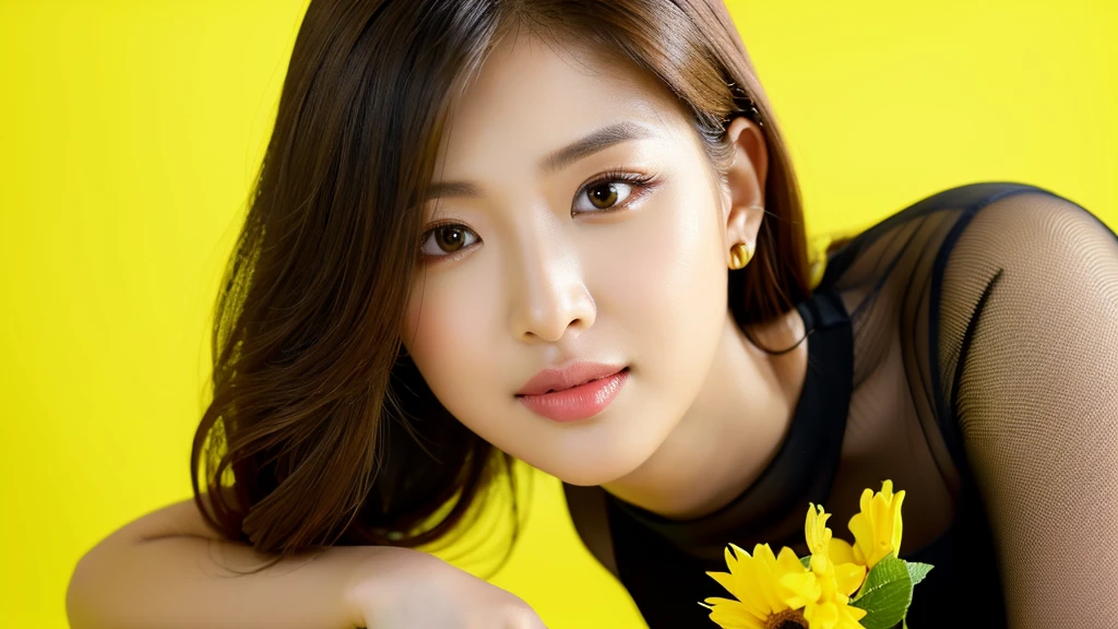 sunflower,(detailed face),VIVID,pretty,sleeveless and turtle neck white silky clothes,4k ,super high resolution ,(photo-realistic: 1.7),((yellow background)),black long hair,