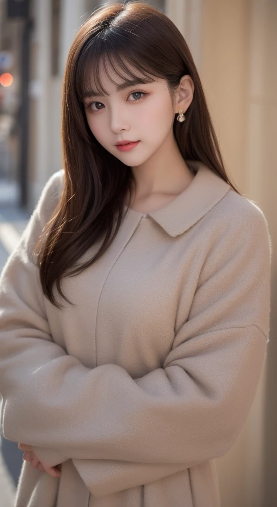 table top, highest quality, shape, Super detailed, finely, High resolution, 8k wallpaper, Perfect dynamic shape, beautiful and detailed eyes, medium hair, small breasts, Natural color lip, random sexy pose,smile,big city、20 year old girl、midnight、Beautiful and dense face、perfect and beautiful face,Big eyes、Raw photo、Spread your arms and legs wide、Expressing feminine poses with your whole body、beautiful and detailed eyes、small face、beautiful duplex、slim face and style,luxury brand mink coat(inside:winter dress)、beautiful golden ratio face、blur background