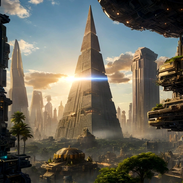 A towering pyramid radiating light amidst a dystopian ancient but futuristic cityscape, where the past meets the future in a brilliant display of technological wonder In an ancient civilization. A lush tropical vegetation is part of the surroundings.