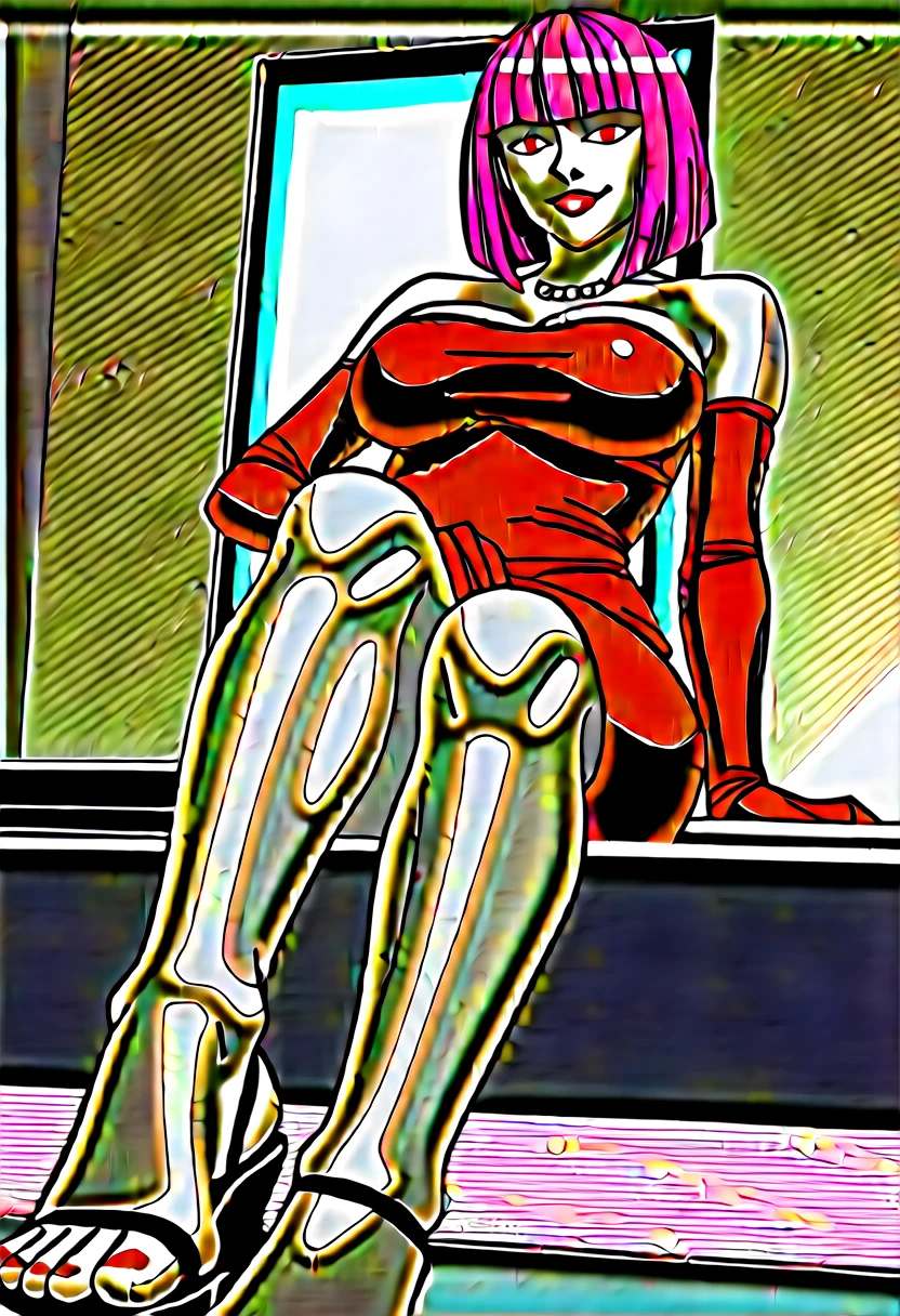 score_9,score_8_up,score_7_up, source_anime, BREAK 1girl, Oboro, sitting on the floor and showing her feet, (pov from below:1.3), micro POV, stepping on viewer, foot focus, sandals, both detailed feet, five toes, smooth natural toenails, smirk, purple hair, short hair, blunt bangs, eyeshadow, low ponytail, lipstick, makeup, detailed face, red eyes, red long dress,bare shoulders, red elbow gloves,large breasts, thighs,necklace, mature female BREAK best quality, official art, anime keyvisual, anime screencap
