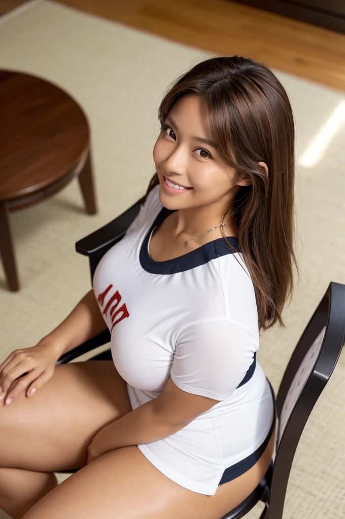 ,(tanned skin:1.3), japanese female,mascular thighs,sport jersey short pants,white t-shirt,curvy,at home,sandals,brown medium hair,smile,,(from above,thighs focus),sitting on chair,