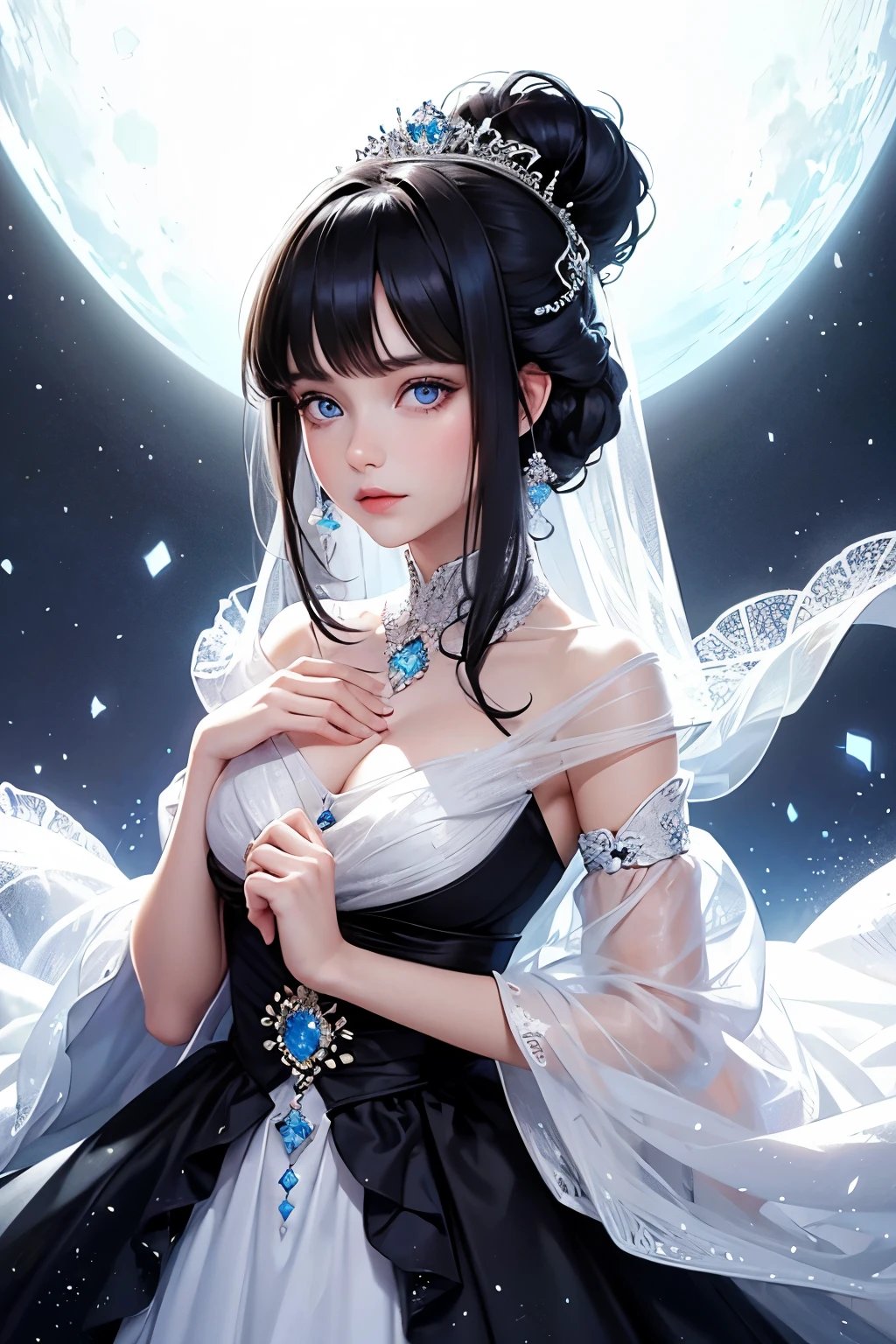 A beautiful young princess with black hair and blue eyes., she is wearing her beautiful long white dress