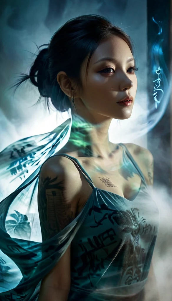 Double Exposure Style,Volumetric Lighting,a girl (Supermodel) with Wrap top,arching her back, beautiful tattoo, Traditional Attire,Artistic Calligraphy and Ink,light depth,dramatic atmospheric lighting,Volumetric Lighting,double image ghost effect,image combination,double exposure style,